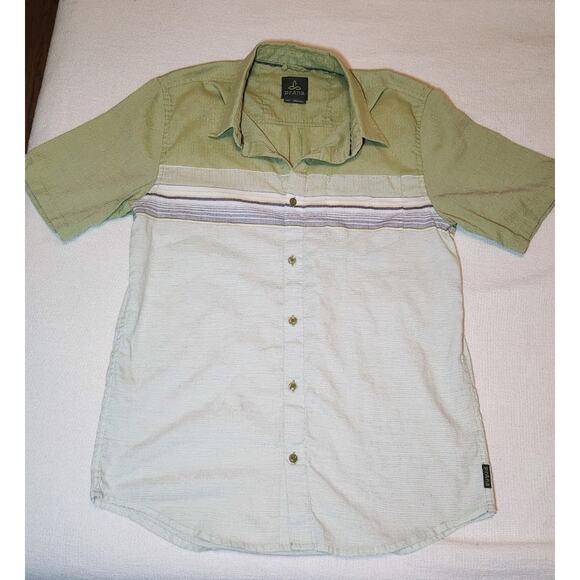 prAna Shirt, Men's Sz LRG Green Striped Short Sleeve Button Front Camp Shirt - Picture 1 of 5